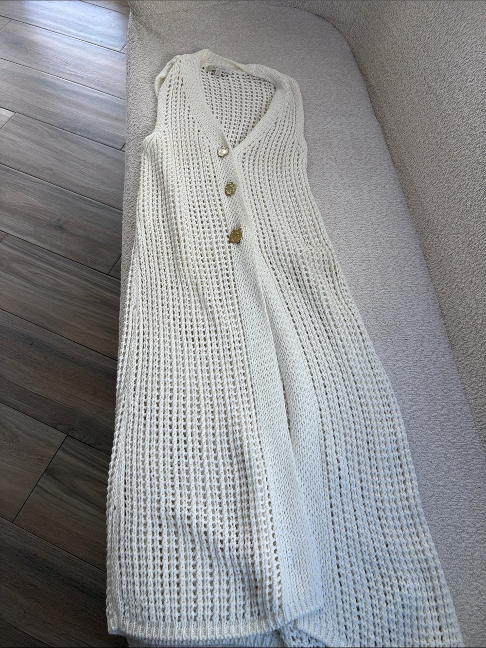 Sleeveless Cream Knit Maxi Vest with Decorative Buttons